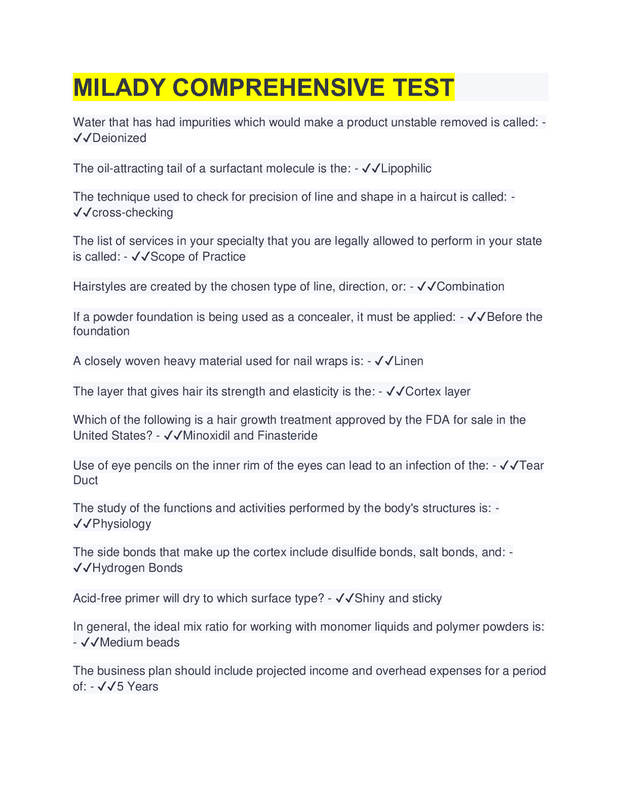 MILADY COMPREHENSIVE TEST 100 Questions with 100 Correct Answers